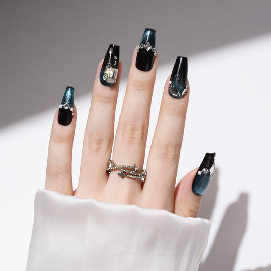 UUU BEAUTY 10pcs Luxury Handmade Press On Nails Medium Coffin-Shaped Black And Blue Change Cat Eye Swarovski Crystals Decorative