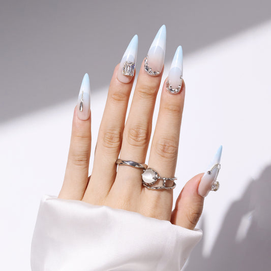 UUU BEAUTY Long Stiletto Shaped Glitter Swarovski Crystals Decor Blue And Nude Color French Tip Fake Nail Long Nails