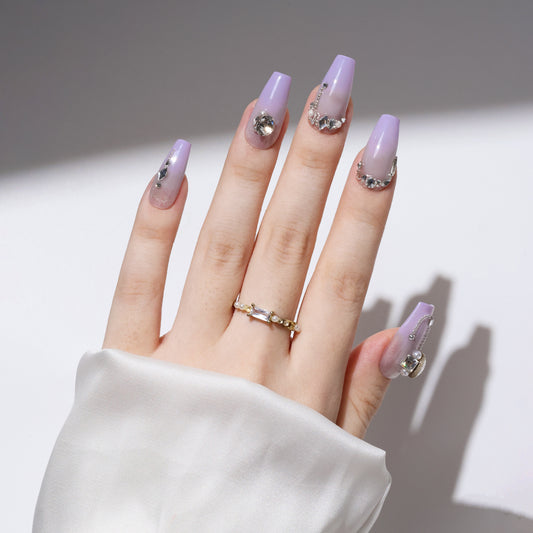 UUU BEAUTY Medium Coffin-Shaped Purple Gradient Smudged False Nails Full Swarovski Crystals Decor Handmade Press-On Nails