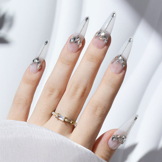 UUU BEAUTY Long Stiletto-Shaped Fake Nail Milky White Nail Art With Luxury Swarovski Crystals Decor Luxury Press On Nail Handmade