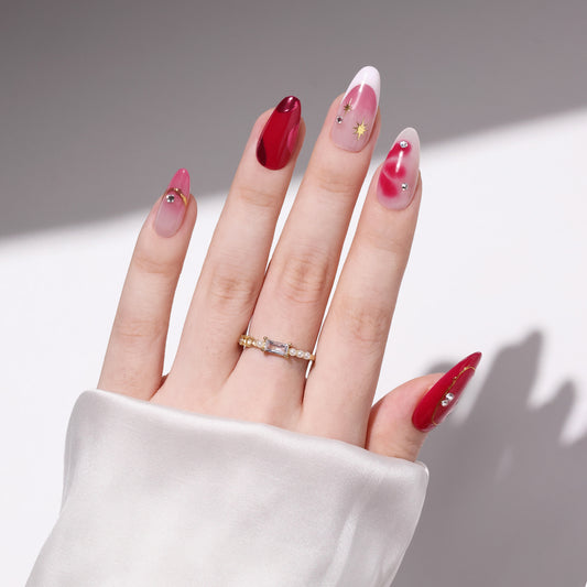 UUU BEAUTY Medium Almond-Shaped Gradient Pink Fine Flash Nail Design French Tips Nail Art Set Handmade Press On Nail