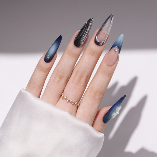UUU BEAUTY Long-Length Stiletto-Shaped Blue Gradual Change Irregular Sliver Liquid Metal French Tip Nail Art Set
