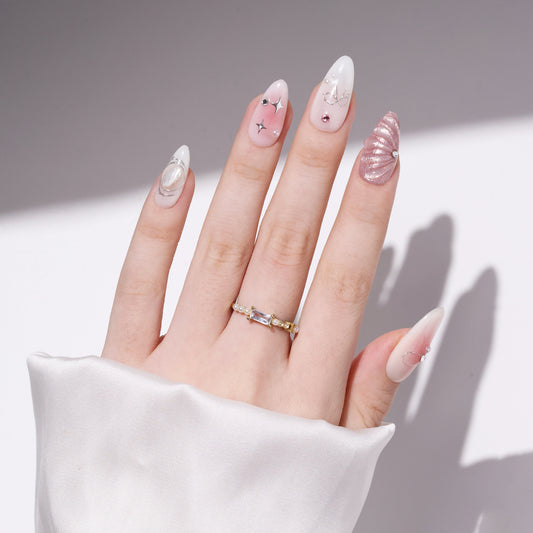 UUU BEAUTY Y2K Sweet Pink Blush Almond-Shaped Pearl 3D Sculpted Waves Press On Nail Handmade False Nails
