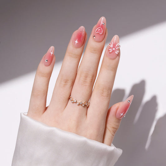 UUU BEAUTY Handmade Almond-Shaped Nail Art Sweet Blush 3D Hand-Painted Heart Bow Design Press On Nails